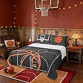 Basketball Court Print Fitted Sheet Set Full Size 4Pcs,Ball Sports Games Themed Bedding Set(1 Fitted,1 Flat,2 Pillows),Orange Basketball and Hoop Deep Pocket Bed Sheets for Girls Teens Room