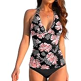 Vivola Women's V Neck Tankini Sets Two Piece Tummy Control Swimsuit Floral Printed Bathing Suit Halter Push up Swimwear
