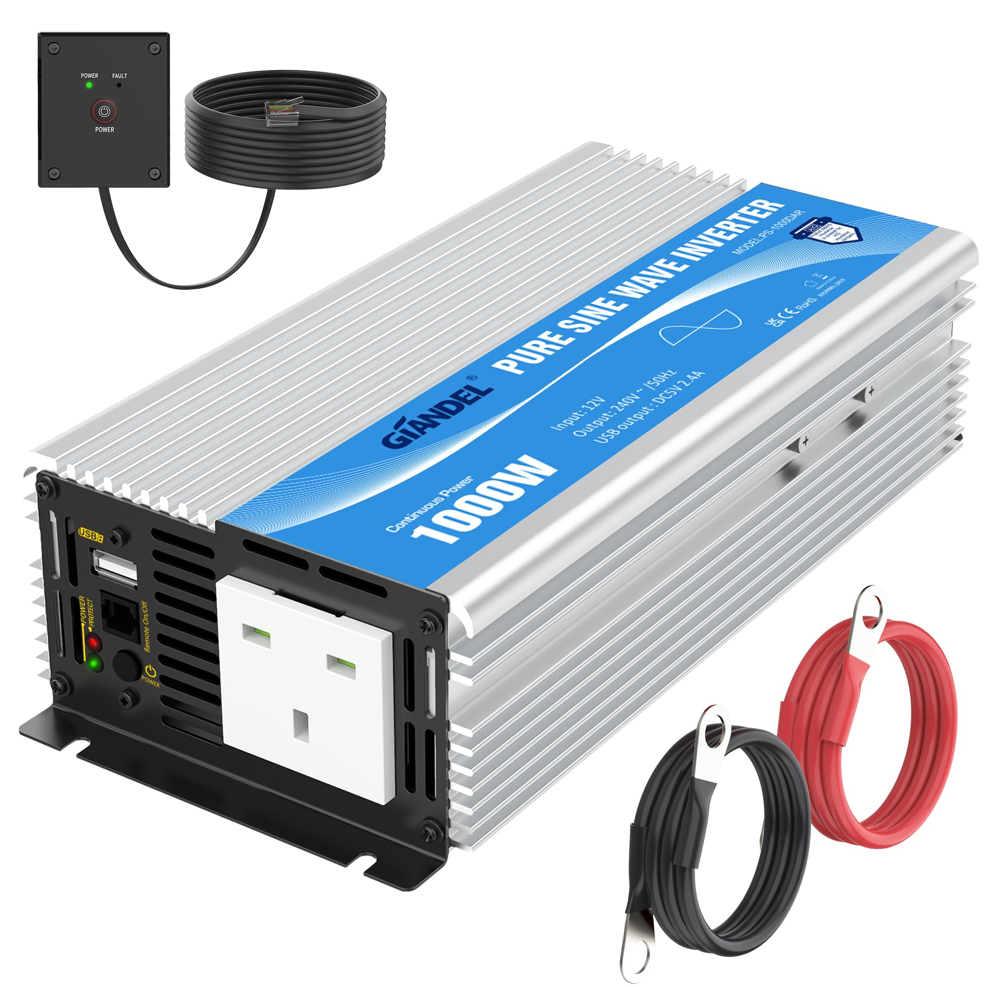Pure Sine Wave Power Inverter 1000W DC 12V to AC 240V with Remote Control with AC Outlet & 2.4A USB Port for RV Truck Car by GIANDEL