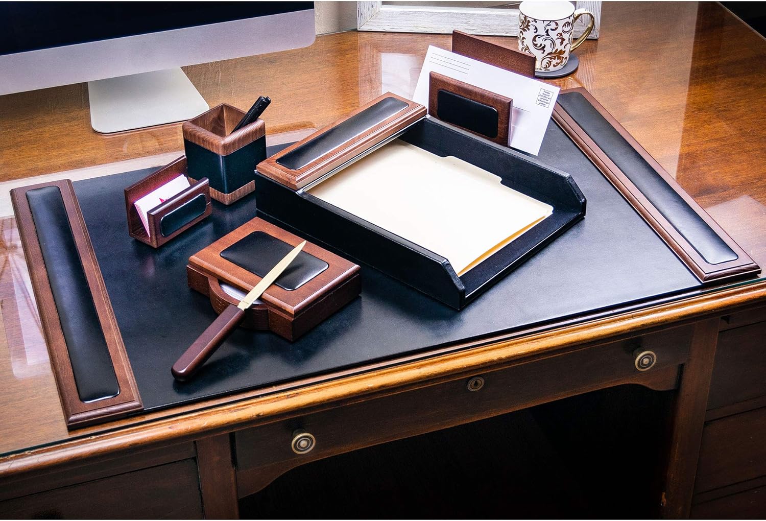 Dacasso Walnut and Leather Desk Set, 7-Piece: Home & Kitchen