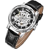 GLEIM Men's Watch, Mechanical Skeleton Steampunk Design Automatic Self-Winding Roman Numeral Silver Case PU Leather Wrist Watch
