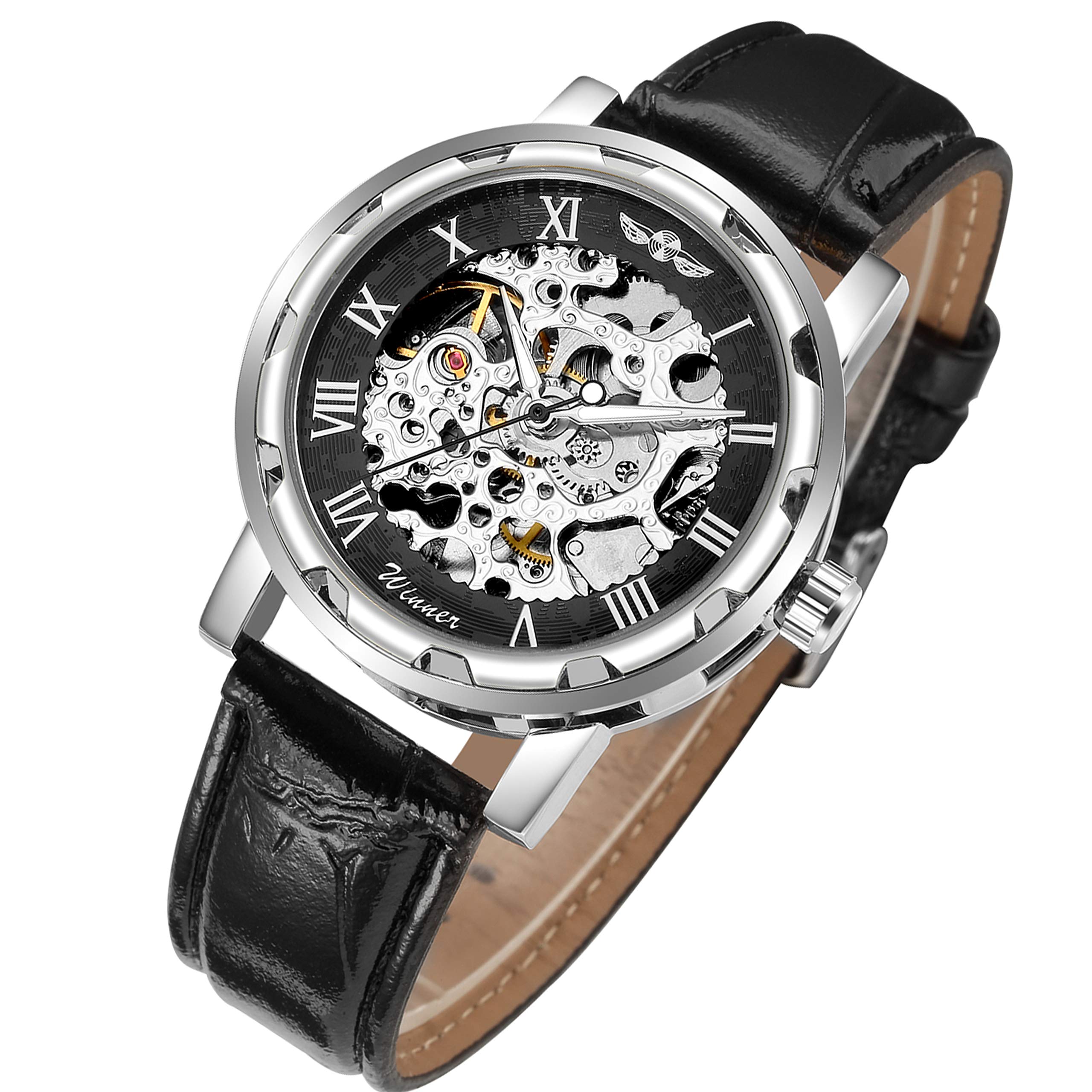 GLEIM Men's Watch, Mechanical Skeleton Steampunk Design Automatic Self-Winding Roman Numeral Silver Case PU Leather Wrist Watch