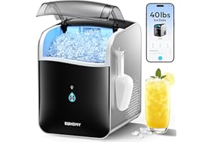 EUHOMY Smart Nugget Ice Maker Countertop, Pebble Ice Maker Machine with APP Control, 40lbs/24H, Ready in 7 Mins, Self-Cleaning, Portable Sonic Ice Makers with Hanging Ice Scoop for Home/Kitchen/Office