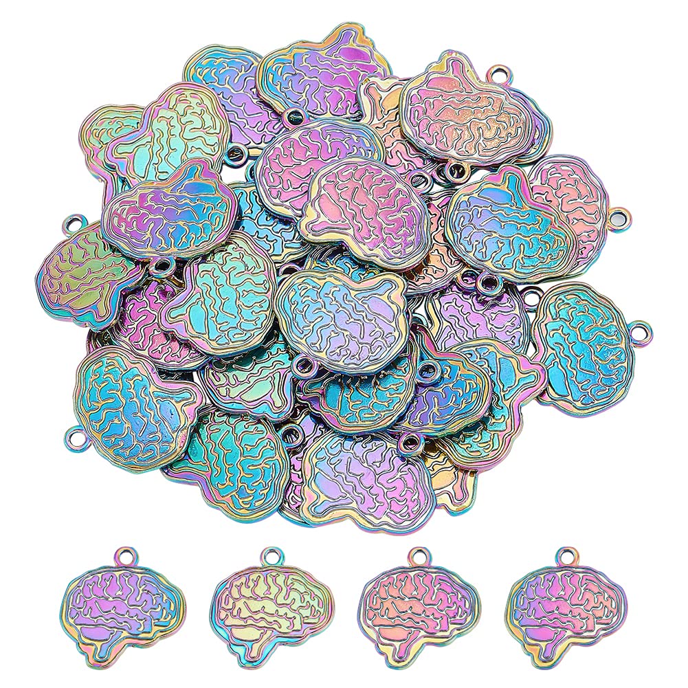 DICOSMETIC 40Pcs Brain Charms Bulk 3D Brain Shape Pendant Anatomical Human Anatomy Pendant Rainbow Color Alloy Charm Dangle Charms Supplies for Halloween Biology Medical Student Gift Jewelry Making