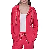 DKNY womens Two Tone Logo Drawcord Full Zip Hoodie Sweatshirt