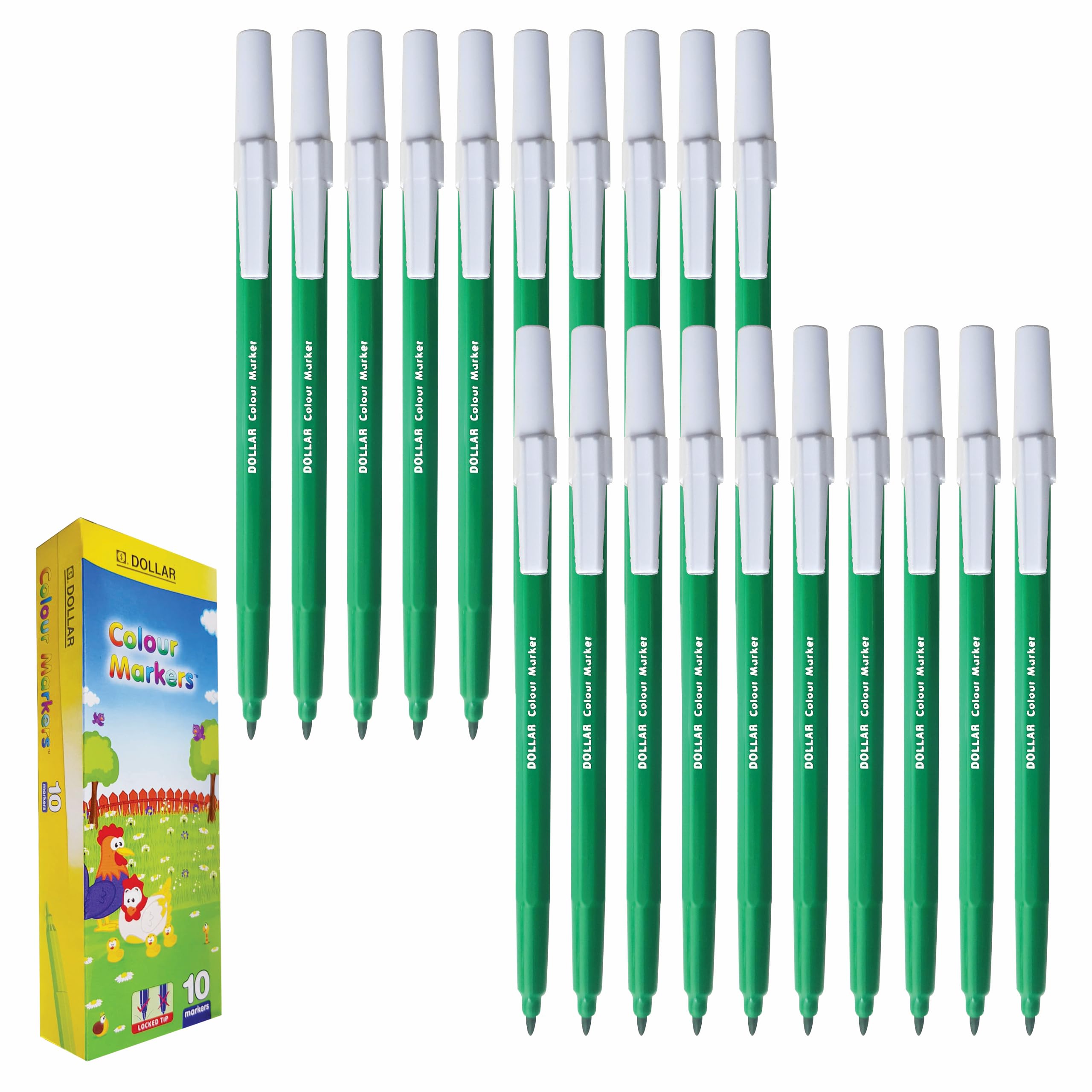 DOLLAR ColourMarkers Felt Tip Colouring Pens, GREEN, Fine Point, Pack of 20, Draw Colour Mark Sketch Write Shade Underline, School Office Home Everyday Use
