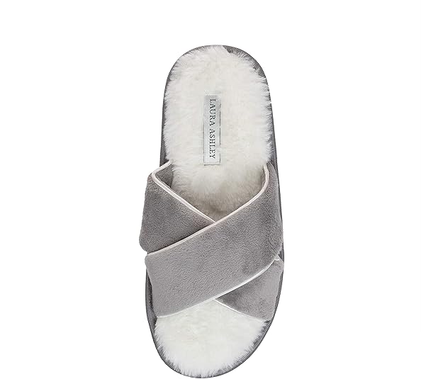 Laura Ashley Ladies Spa Velour Xband with Faux Fur Slippers Grey Slippers