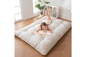 MAXYOYO Japanese Floor Mattress Full Size, 6" Foldable Futon Mattress Tufted Roll Up Floor Bed, Thick Chenille Tatami Mat Sleeping Pad for Camping Guest Room Dormitory Bedroom RV, Beige