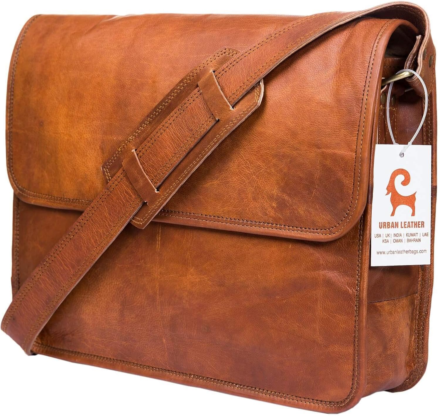 Urban Leather 15 Inch Half Flap Messenger Bag for Work Laptop Shoulder