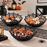Qinyoung 3Pcs Halloween Candy Bowl, Rattan Spider Web Dish Home Table Decor | 10" Large Trick or Treat Decorative Bowl Black Wicker Serving Dishes for Porch Halloween Party Decoration Kitchen Centerpiece