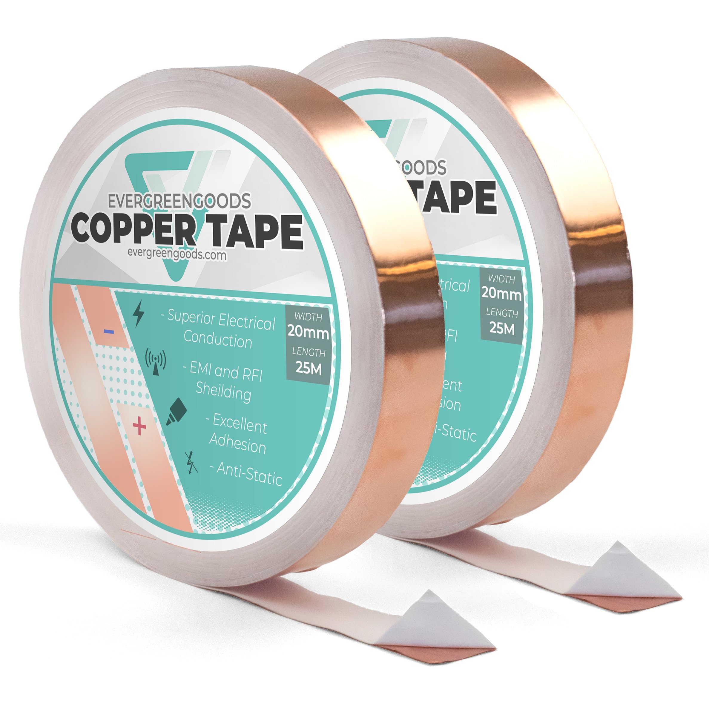 Copper Tape (20mm x 25M) 5 Sizes - Copper Foil Conductive Tape for Circuits, Guitar EMI Shielding, Solder, Electrical Repairs, Grounding | Stained Glass Metal Crafts Jewellery - 2 Rolls
