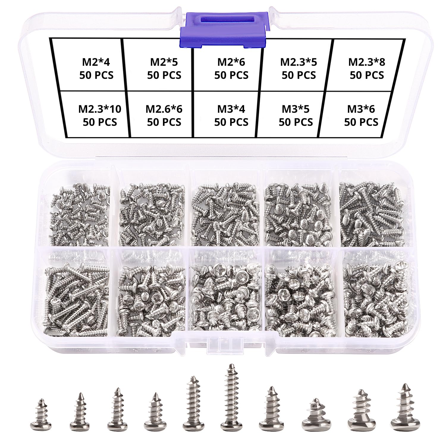 VooGenzek 500 PCS M2.3 M2.6 M3 Cross Head Self-Tapping Screws - Carbon Steel Pan Head Micro Fasteners for Plastic, Wood, Soft Metal (Silver)