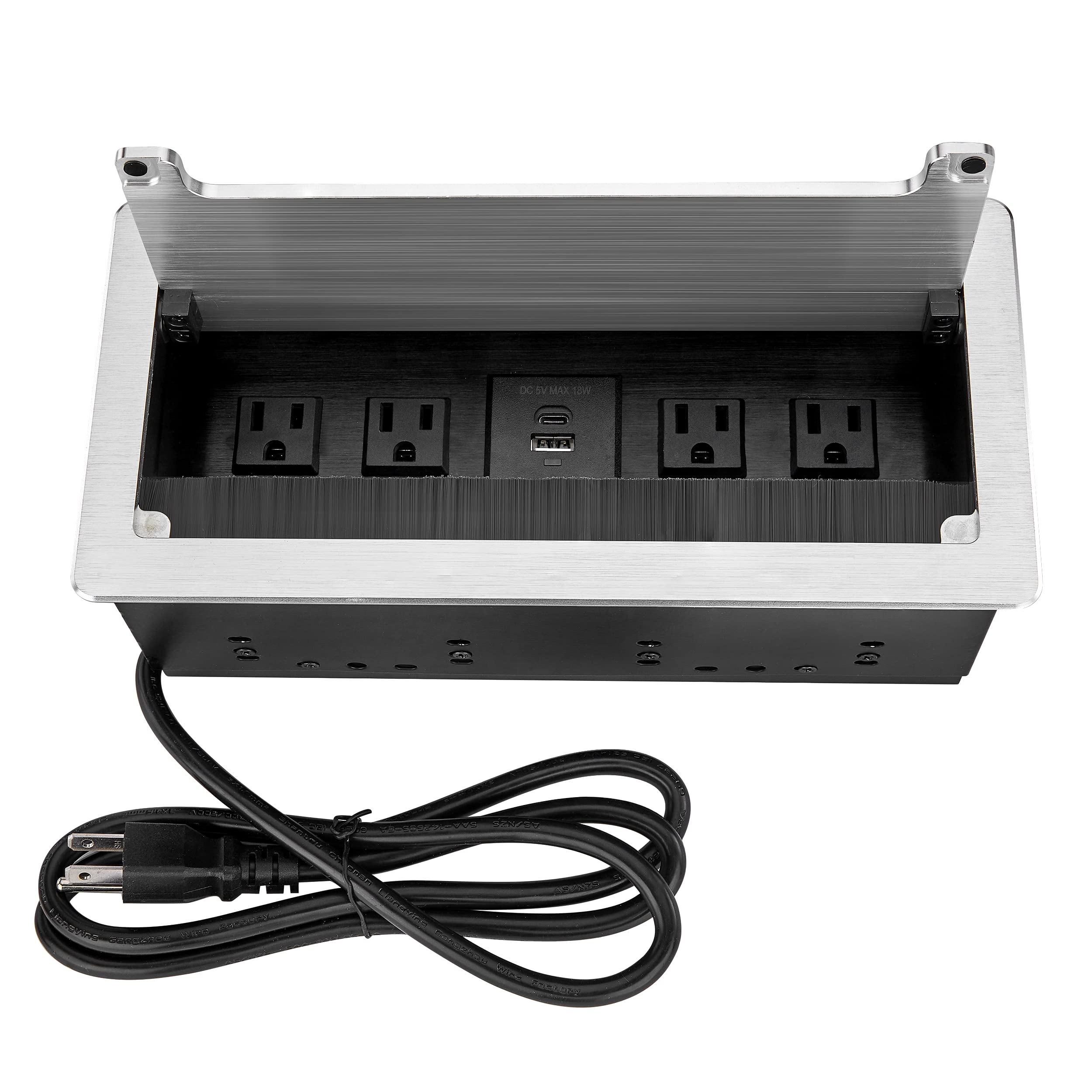 Photo 1 of Embedded mesa Power Outlet Box, Table Power Multimedia Connectivity Box for Conference Study Room Home with 4 AC Outlet,USB-C Port Fast Charge 18W Length 4.9FT Power Cable (Brushed Silver)