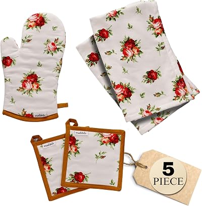 Muldale Floral Oven Mitt Pot Holder Set 5pc Linen Kitchen Towels Vintage Royal