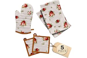 Muldale Floral Oven Mitt and Pot Holders Set - Kitchen Towels and Mittens - 5 Pack - Vintage Kitchen Decor - Kitchen Textile Linen Sets - Soft and Absorbent - Royal Albert Rose Design