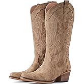 IUV Cowboy Boots For Women Western Cowgirl Boots with Chunky Heel Mid Calf Snip Toe Ideal for low insteps