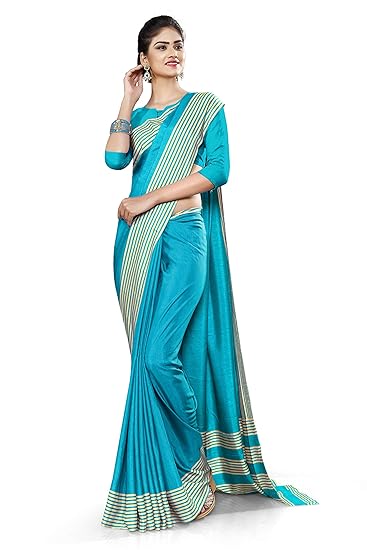 Uniform Sarees Corp Womens Plain Border Polycotton Raw Silk Front Office Uniform Saree With Blouse (Peacock Blue)