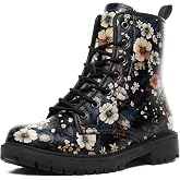 coolcustomize Retro Floral Combat Boots for Women, Comfortable Vintage Flower Print Lace-Up Ankle Boots Platform Booties