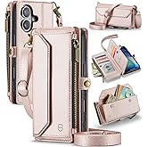 Strapurs Wallet Case Compatible with iPhone 17 6.3" RFID Blocking 9-Card Holder Soft PU Leather Magnetic Snap Shoulder Strap Zipper Pocket Phone Case Fit for iPhone 17 for Women - Rose Gold