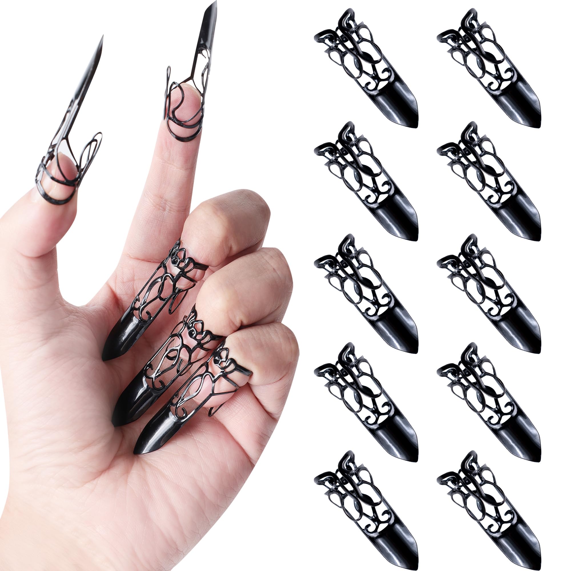 Photo 1 of 10 Pcs Halloween Costume Claws Fake Nails Ring Set, Vampire Nails and Witch Fingers Costume Accessories with Hair Braiding Tools for Scary Cosplay Party Favors (Black)
