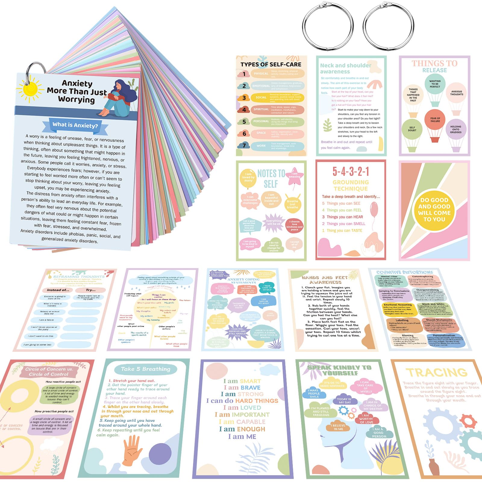 Photo 1 of Affrolling 72 Pcs Anxiety Coping Skill Cards Social Anxiety Relief & Self Care Flashcard with Metal Binder Rings Coping Strategy Therapy Cards for Family University and Office (4.3 x 3.2 Inches)