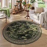 Rugcomf Round Area Rug 4ft Washable Vintage Impressionist-Style, Green | Non Slip Low Pile Polyester Soft Circle Carpet for Bedroom Bedside Office College Dorm Classroom Playroom Kid Bathroom