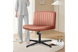 Brick Attic Wide Office Desk Chair, Armless Criss Cross Chair Leather Cross Legged Vanity Chair, Swivel Height Adjustable Chair for Home Office (Without Wheel Brown)