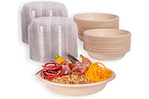 MULMEHË Eco-Friendly Sugarcane Bagasse Paper Take Out Food Bowl with Clear Dome Lid, 24 oz. Round, Natural Unbleached Brown, 50 Pack
