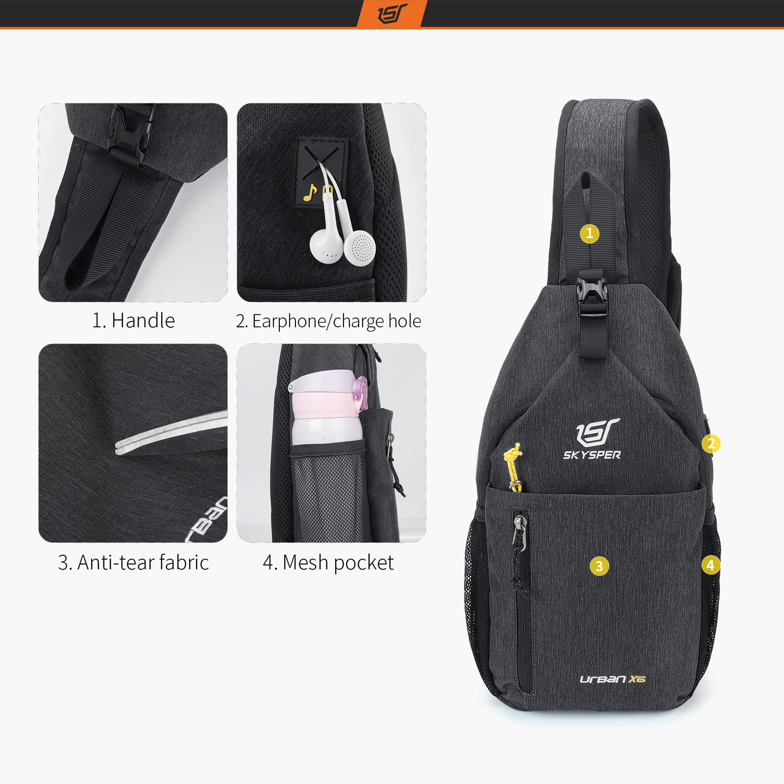 SKYSPER Schultertasche Brusttasche Leichte Sling Bag Klein Wasserfest Crossbody Umhängetasche zum Wandern Outdoor Sports Reise 4