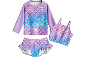LQSZ Girls Rash Guard Sets Long Sleeves Swimsuit 3 Pieces Tankini Bathing Suit Swimwear for Girls 3-12 Years