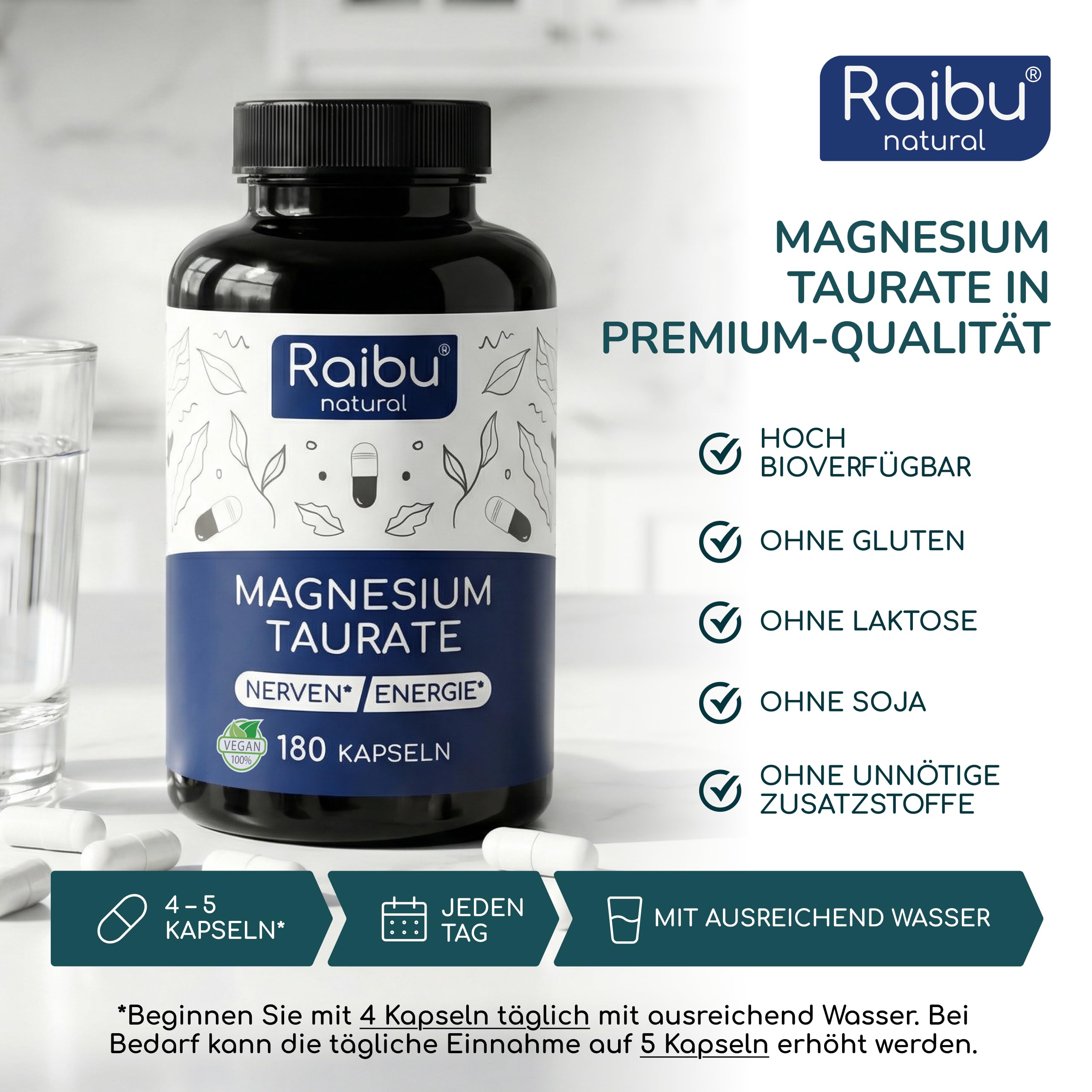 Magnesium Taurat 2750 mg pro Tag, 180 Kapseln - davon 240 mg elementares Magnesium pro Tag, Chelatierte Verbindung mit Taurin - Für Muskeln & Nerven* - Hohe Bioverfügbarkeit, Frei von Magnesiumstearat 6