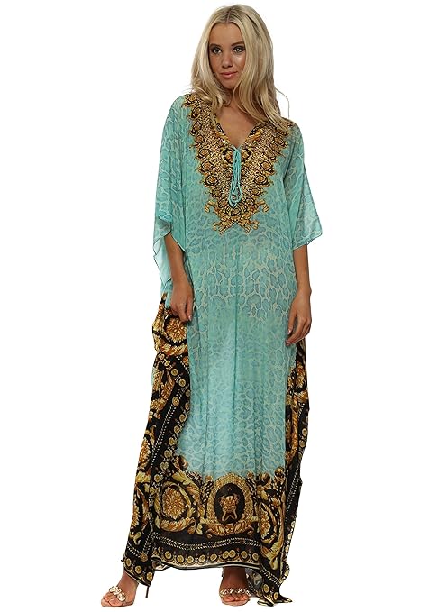 Kaftan dress blue sea with golden decoration leopard pattern women