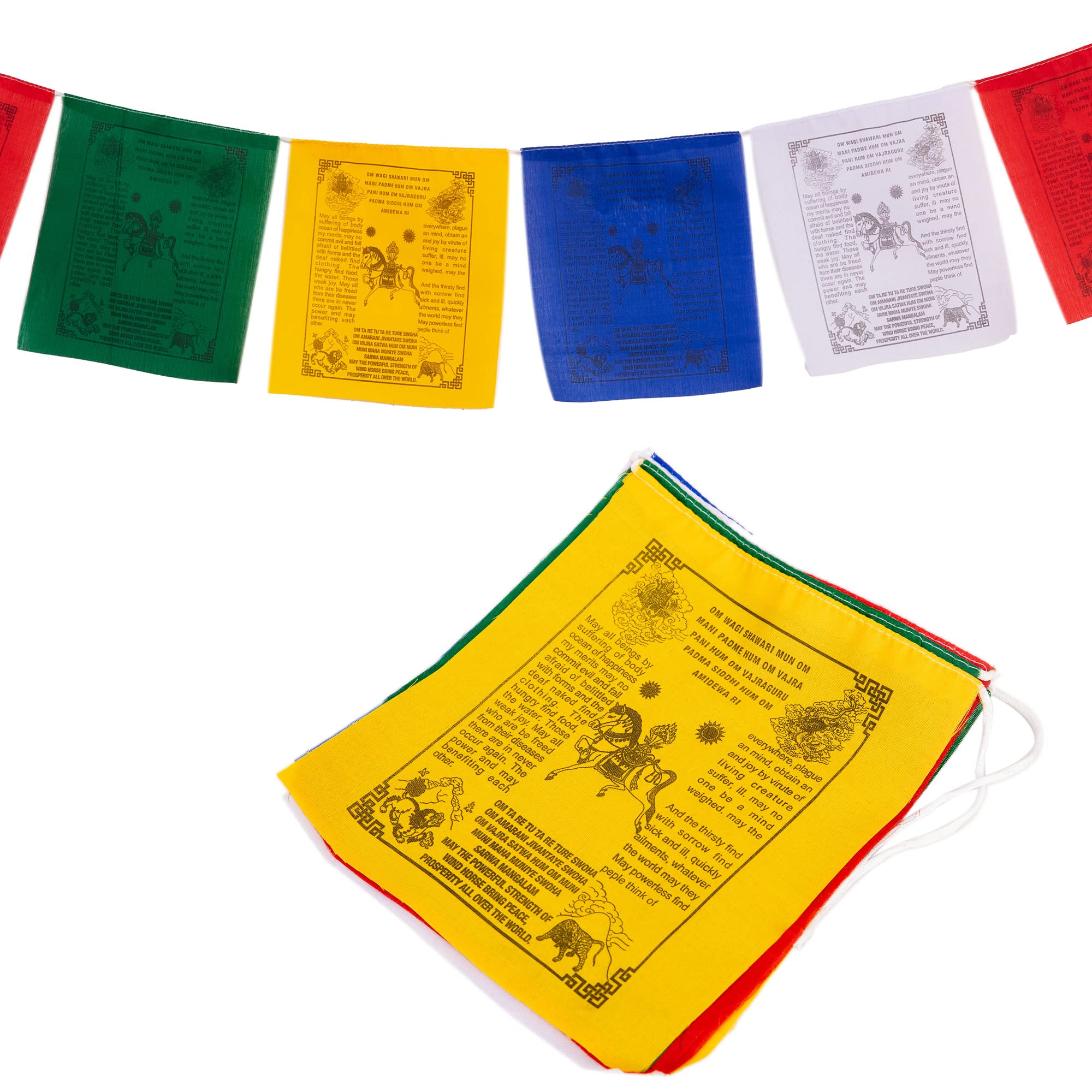 Tibetan Prayer Flags English - Outdoor Decoration Hand Printed Flags, Handprinted in Nepal Wind Horse Flag Affirmation (10-Flags)