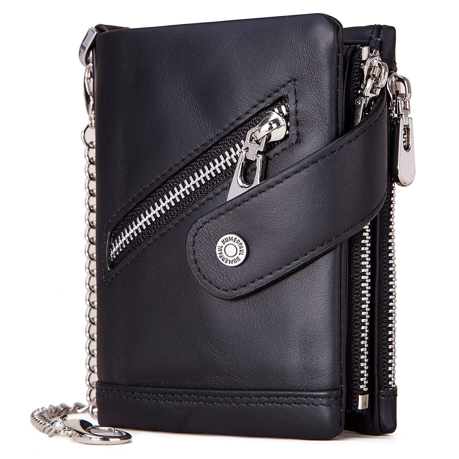 gzcz Mens Wallet with Chain Genuine Leather Purse RFID Blocking Bifold Credit Card Holder Wallets Double Zipper Coin Pocket with Anti-Theft Chain