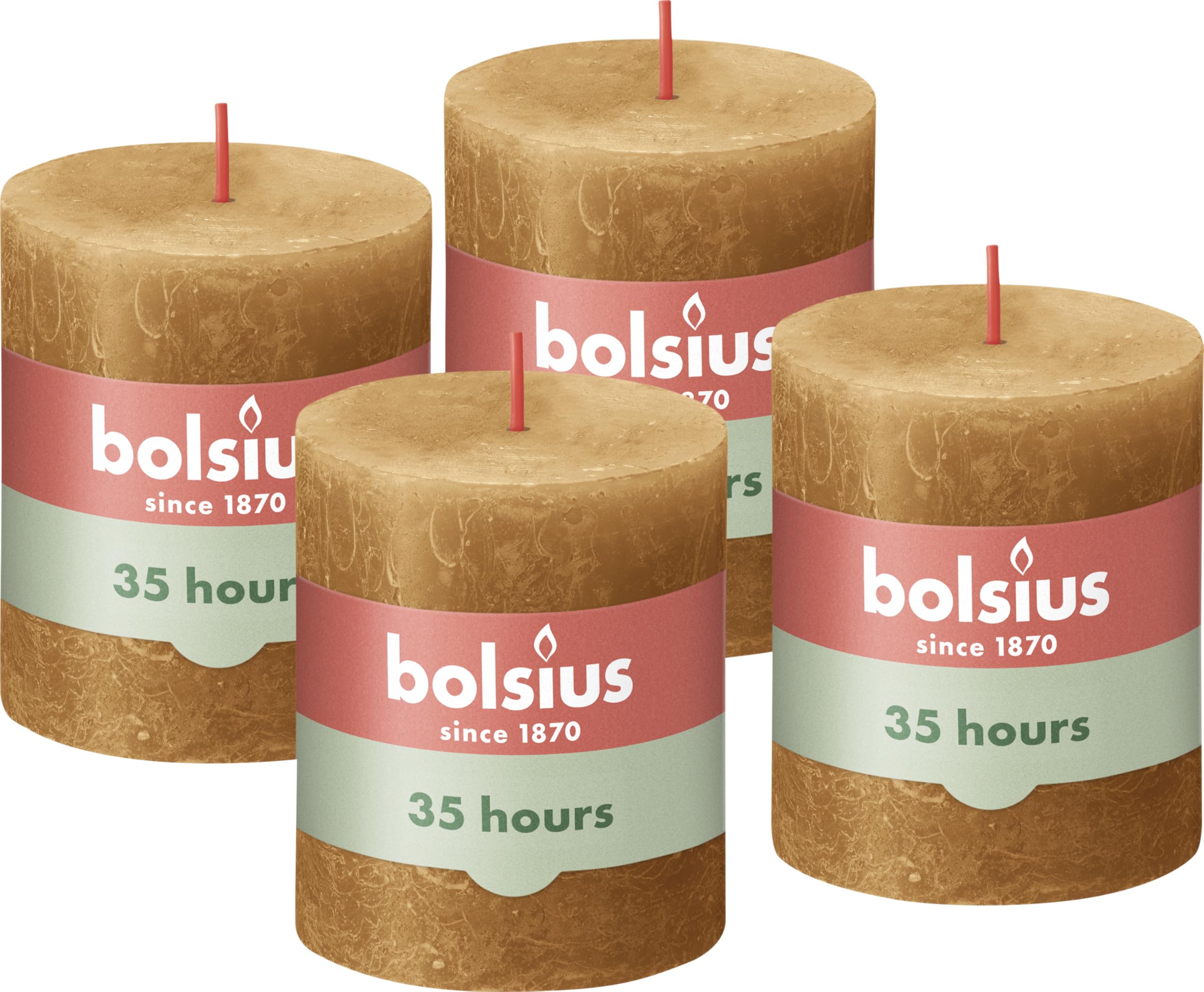 Bolsius Rustic Pillar Candle - Yellow - Pack of 4 - Long Burning Time of 35 Hours - Household Candle - Interior Decoration - Unscented - Natural Vegan Wax - No Palm Oil - 8 x 7 cm