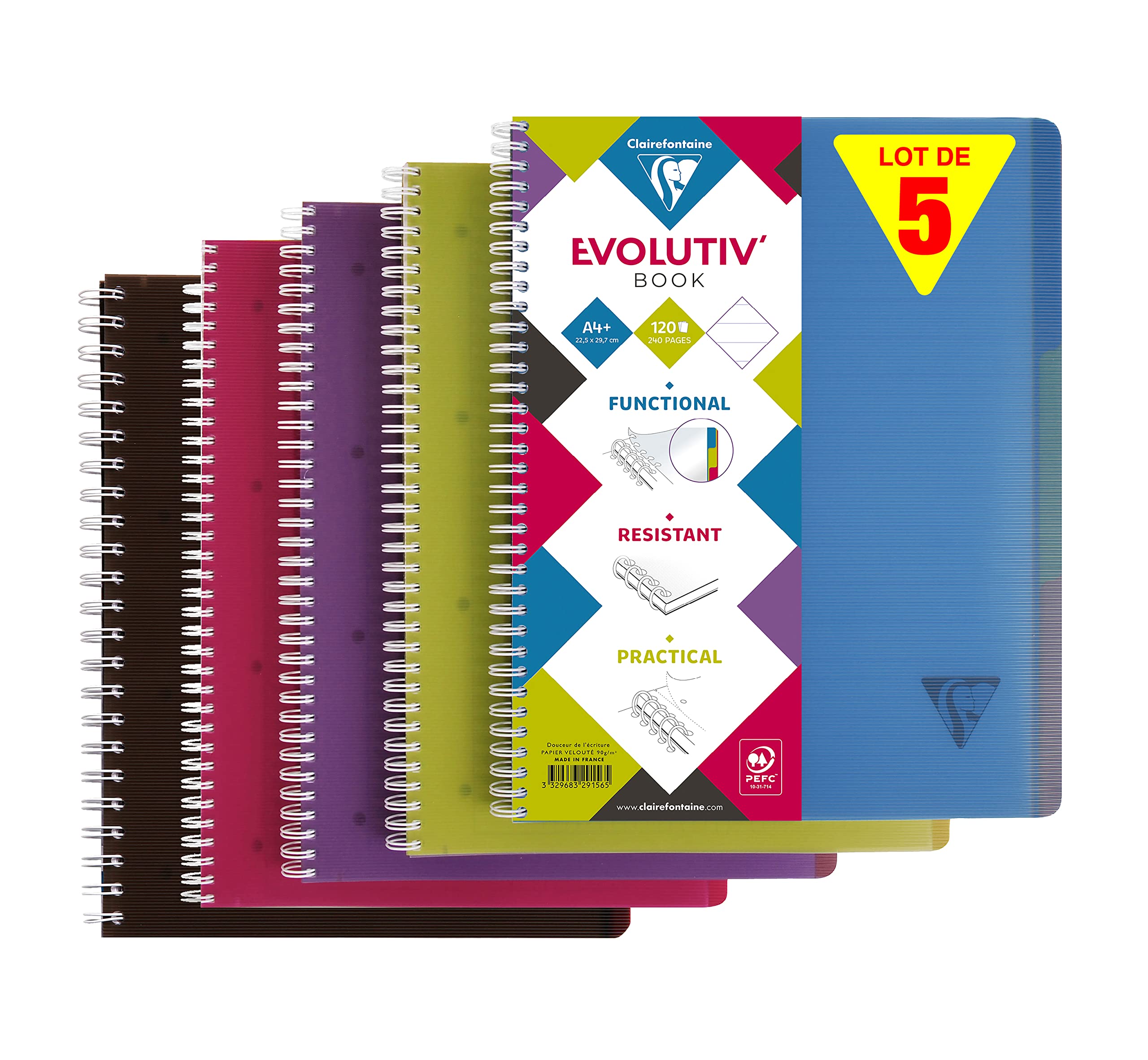 Clairefontaine 329156C LiniColour Set of 5 Notebooks Evolutiv'Book A4+ 22,5x29,7 - 240 Lined Pages - White Paper 90g - Transparent Polypro Cover Random Colours