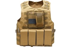 Redemption Tactical Airsoft Vest for Adults and Kids w/US Flag Patch and Pouches (brown, small-large)