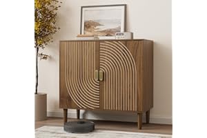 Smuxee Walnut Sideboard Cabinet, Freestanding Buffet Cabinet with Line Groove Design, Wood Storage Cabinet with Adjustable Shelf for Living Room, Entryway, Hallway