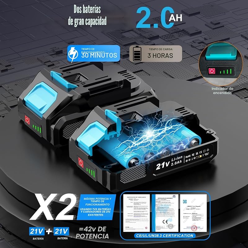 Desbrozadora Bateria 21V, Desbrozadora Electrica con 2 Baterías 2.0Ah, 2 Tipos de Metal Cuchillas Cortabordes Bateria, Tijeras de Podar, Desbrozadora Inalámbrica Cabeza Ajustable para Jardín (Azul)