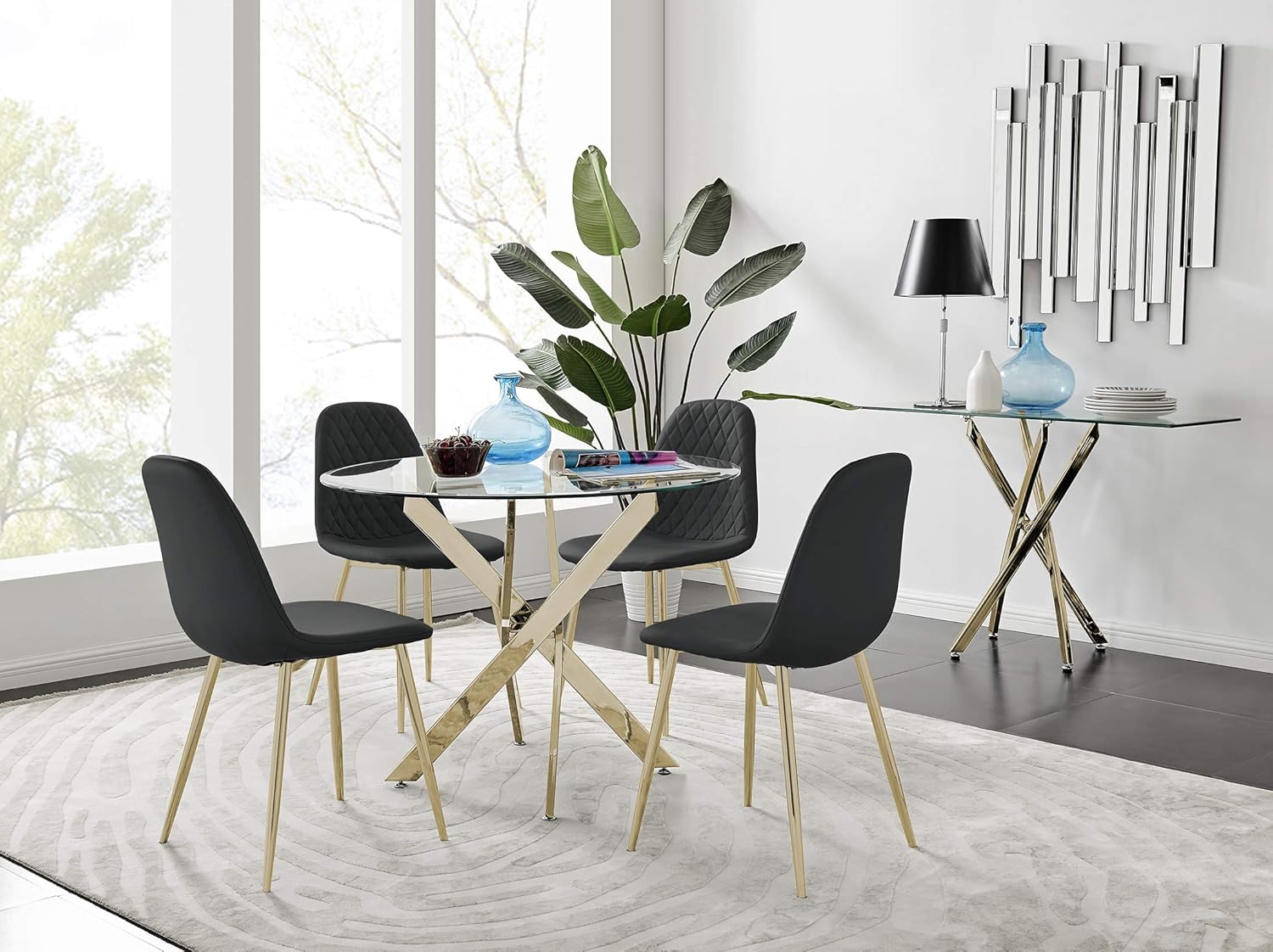 Furniturebox Uk Novara Modern Round Gold Metal And Clear Glass Dining Table And 4 Contemporary Corona Gold Dining Chairs Set Dining Table 4 Black Corona Gold Chairs Amazon Co Uk Kitchen Home