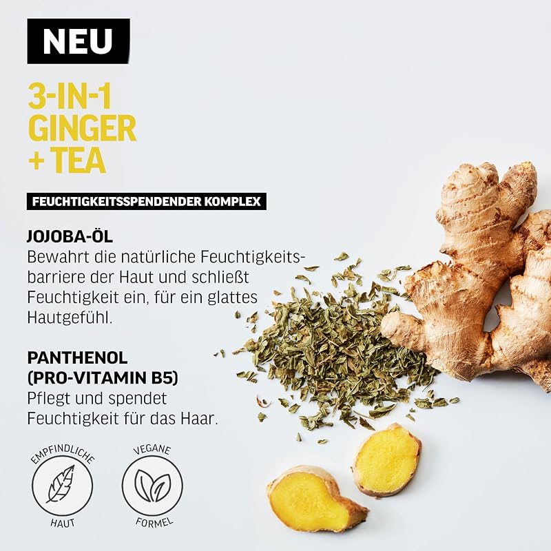 – 3-in-1 Ginger & Tea Shampoo, Conditioner & Body Wash, 250ml, Pflegeshampoo und Duschgel für Männer, Produkt für die tägliche Reinigung von Körper und Haar