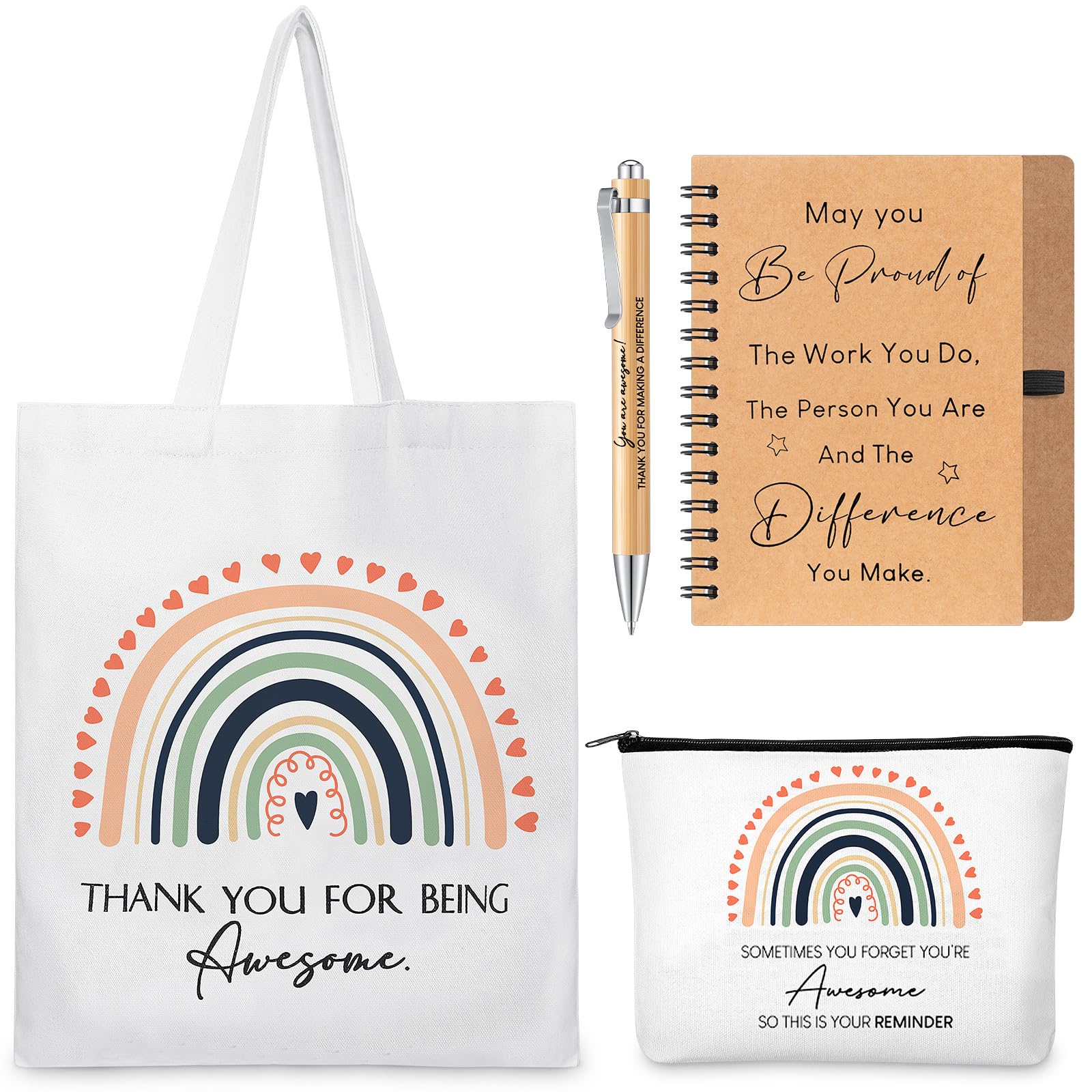 Nuenen 4 Pcs Thank You Gift for Teacher Employee Appreciation Gift Rainbow Makeup Bag Tote Bag Inspirational Notebook Ballpoint Pen Motivational Present for Teacher Mom Employee Colleague Coworker
