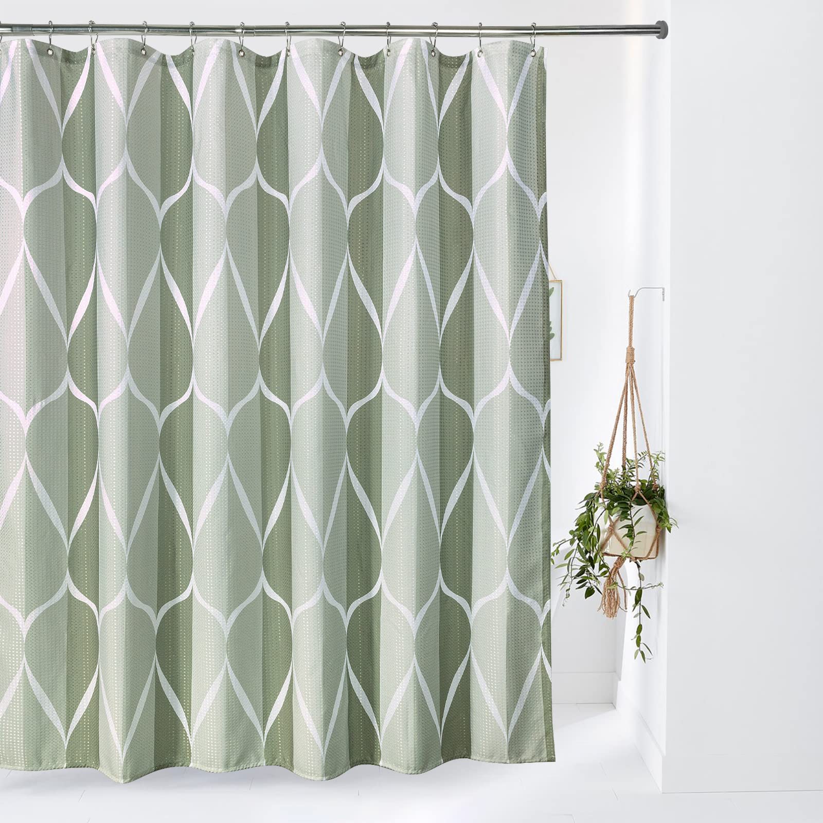 VANZAVANZU Shower Curtain for Bathroom with Metal Hooks Geometric Fabric Shower Curtain Heavy Duty Bath Curtain for Wet Room Bathtub Shower Stall, Weighted Hem, Water Resistant - 182 x 182cm (Green)