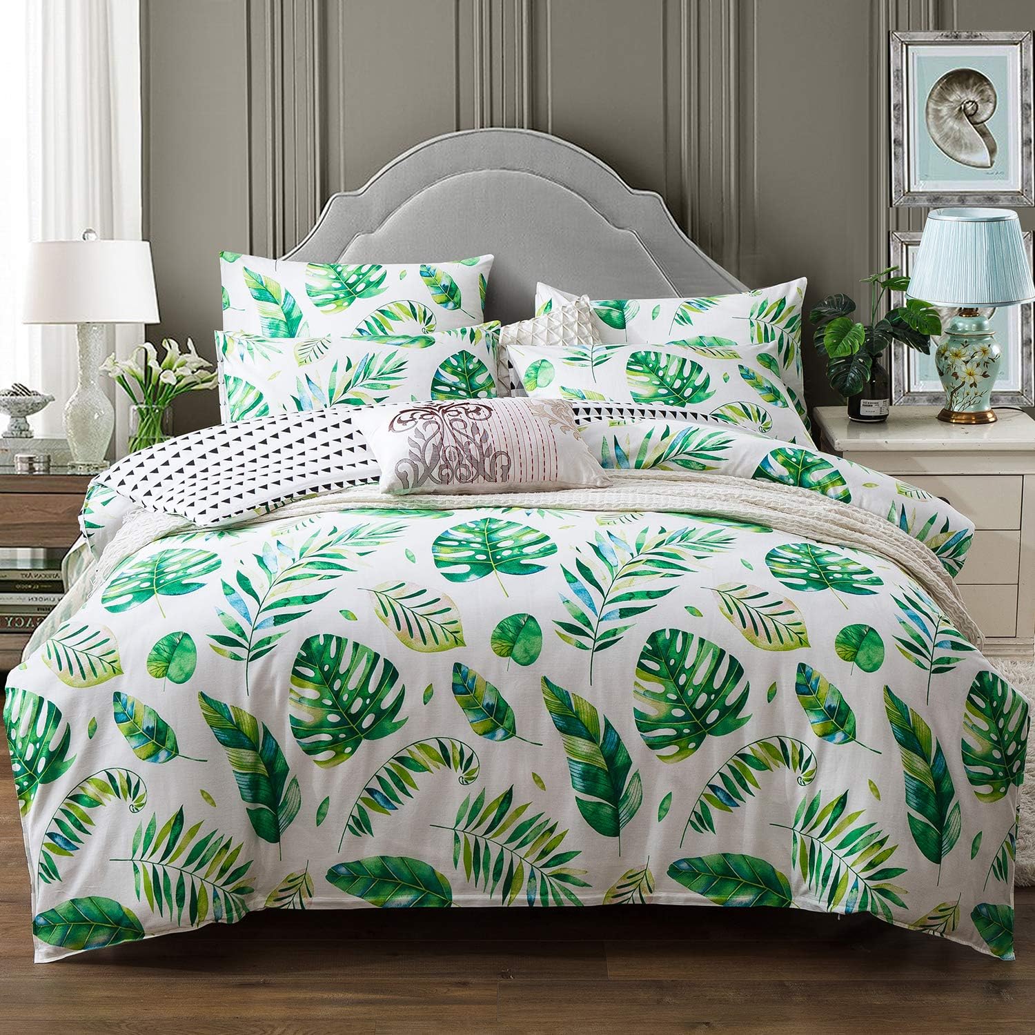 Kosa Bedding 100% Cotton Duvet Cover Set,Green Monstera Plant Banana Leaves,Printed Duvet Cover with Zipper Closure,Soft Comforter Cover Sets,Reversible Pattern Bedding Set for All Season(Queen Size)