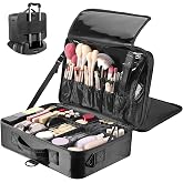 Luxspire Large Makeup Bag, 3 Layer, with Shoulder Strap and Mirror, Black | Portable, Cosmetic Case with Shoulder Strap, Adju