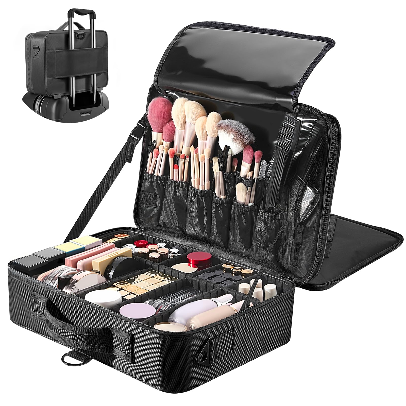 Luxspire Travel Makeup Bag 3 Layers Cosmetic Bag Large Professional Makeup Organizer Valentine's Day Portable Makeup Brush Bag with Shoulder Strap Black