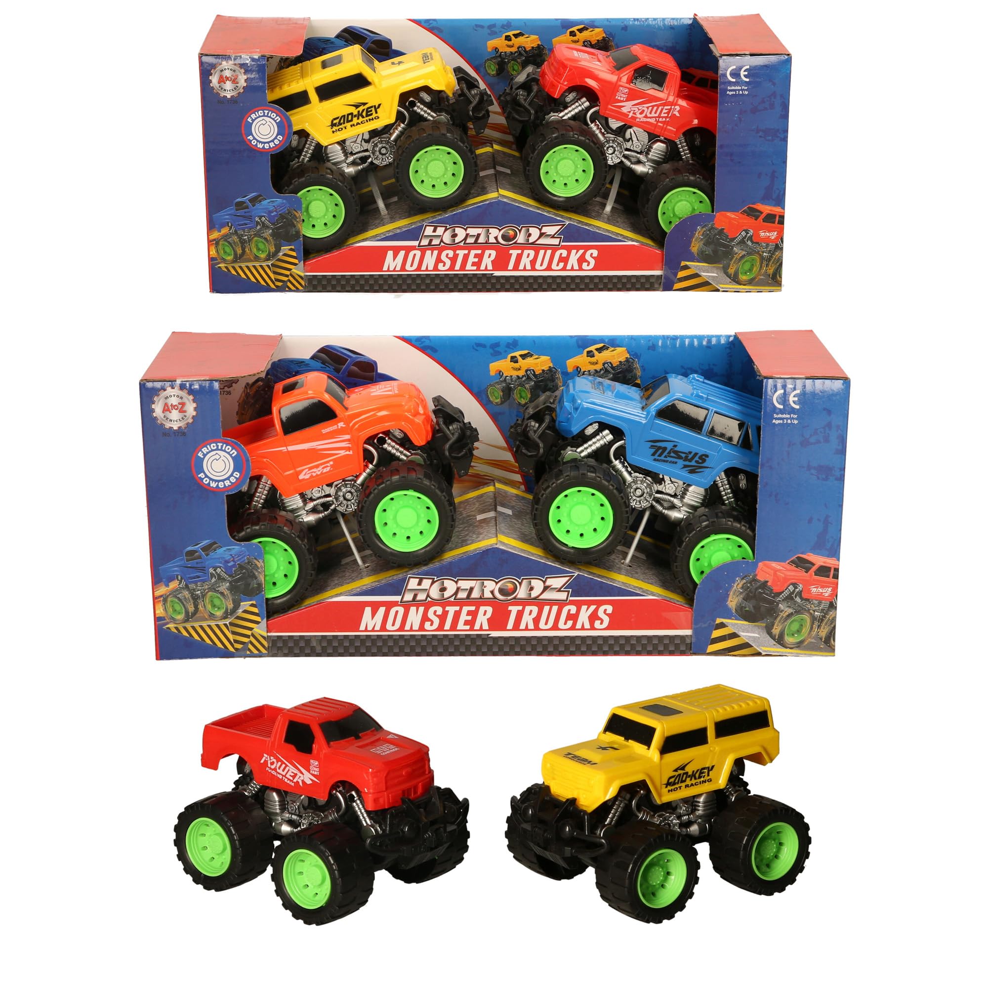 Atoz Hotrodz Monster Trucks Friction Powered, 2-Pack Set with Yellow SUV and Red Pickup, Large Green Wheels