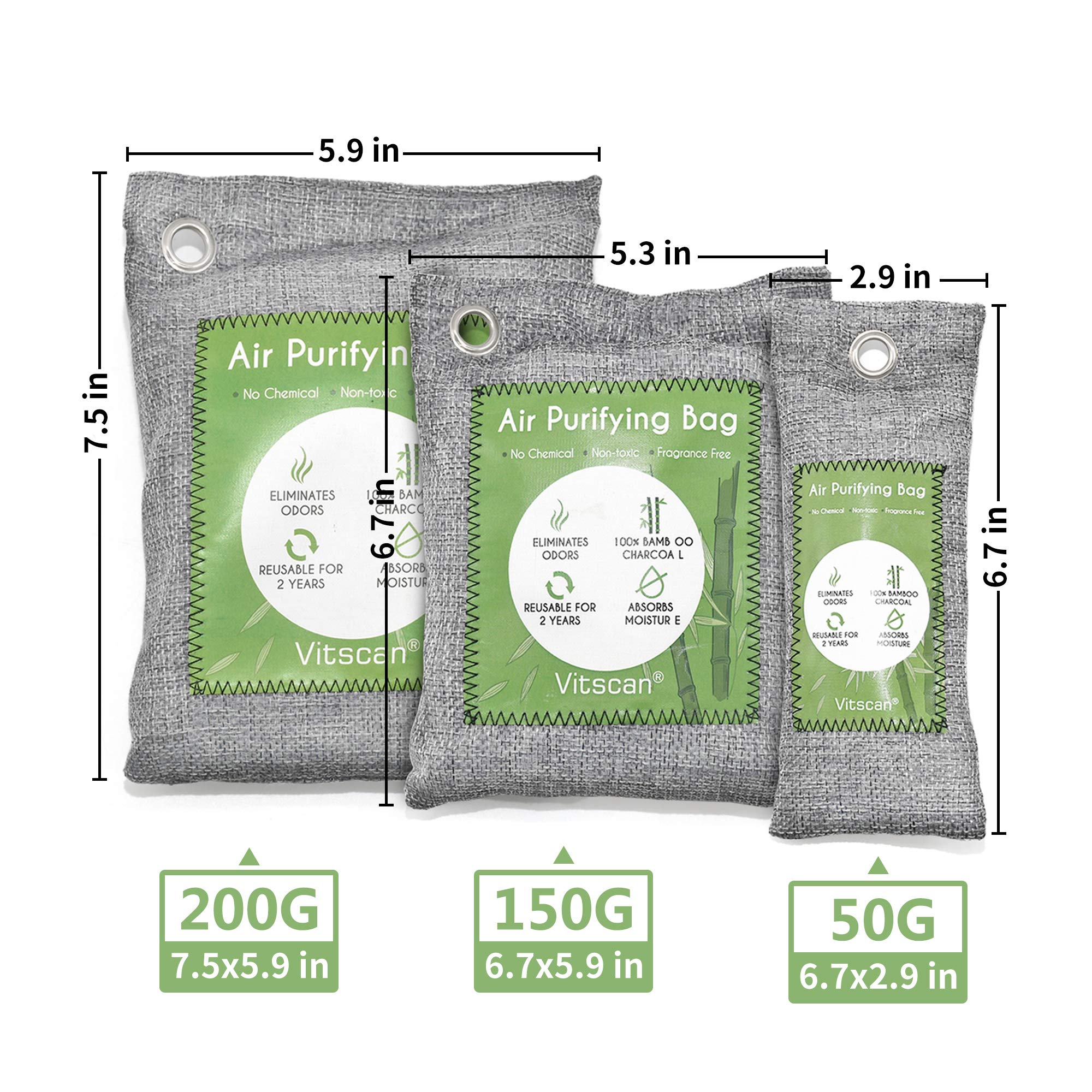 12 Pack Bamboo Air Purifying Bag, Activated Charcoal Bags Odor Absorber, Moisture Absorber, Natural Car Air Freshener, Shoe Deodorizer, Odor Eliminators For Home, Pet, Closet (6x50g, 6x150g)