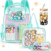 Aliceset 4pcs 17" Daisy Clear Backpack for Kids with Lunch Bags Pencil Case and Glass Bottle School Heavy Duty Bookbag Set(Mint Green)