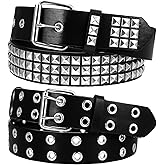 Sorcristy Black Studded Belt and Grommet Leather Belt with Double Holes for Women Men, 2 Pcs Y2K Metal Punk Rock Double Grommet Belts, Black Leather Belts for Women Men